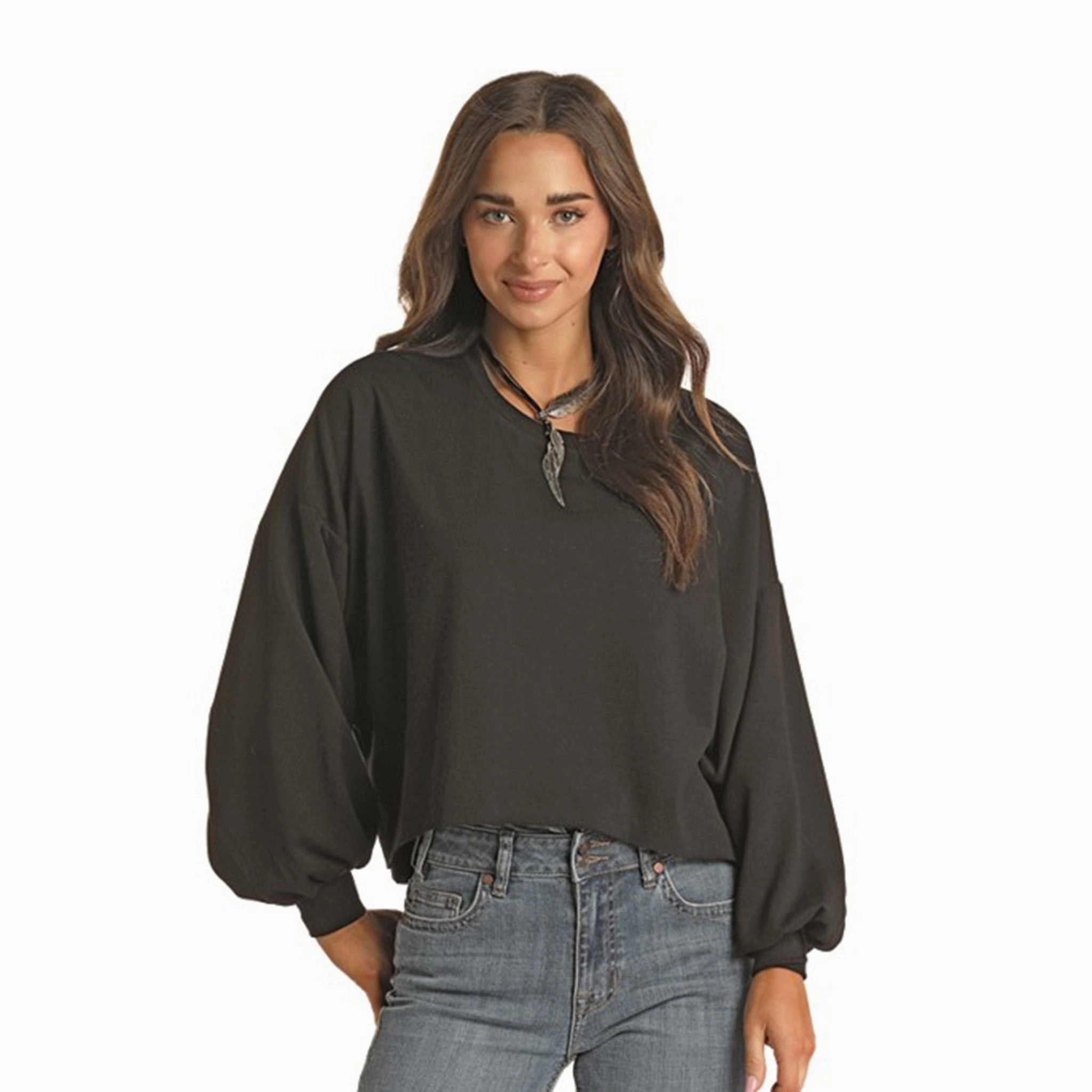 Panhandle Women's Black Hi-Lo SweatShirt DoubleLayered FlexibleCollar