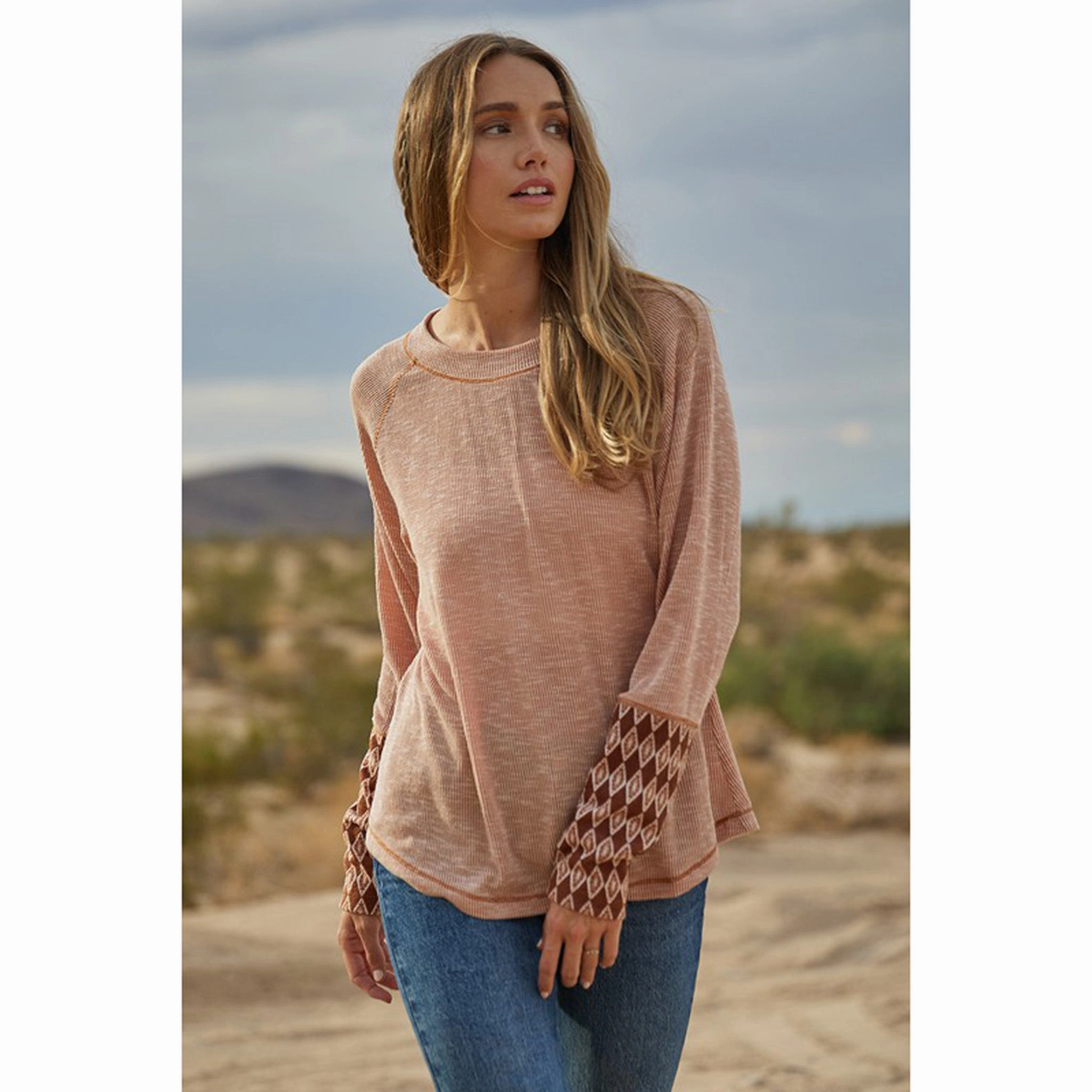 CES Femme Women's Diamond Print Long Sleeve Top Casual Tee Flexible Ribbed Cuffs