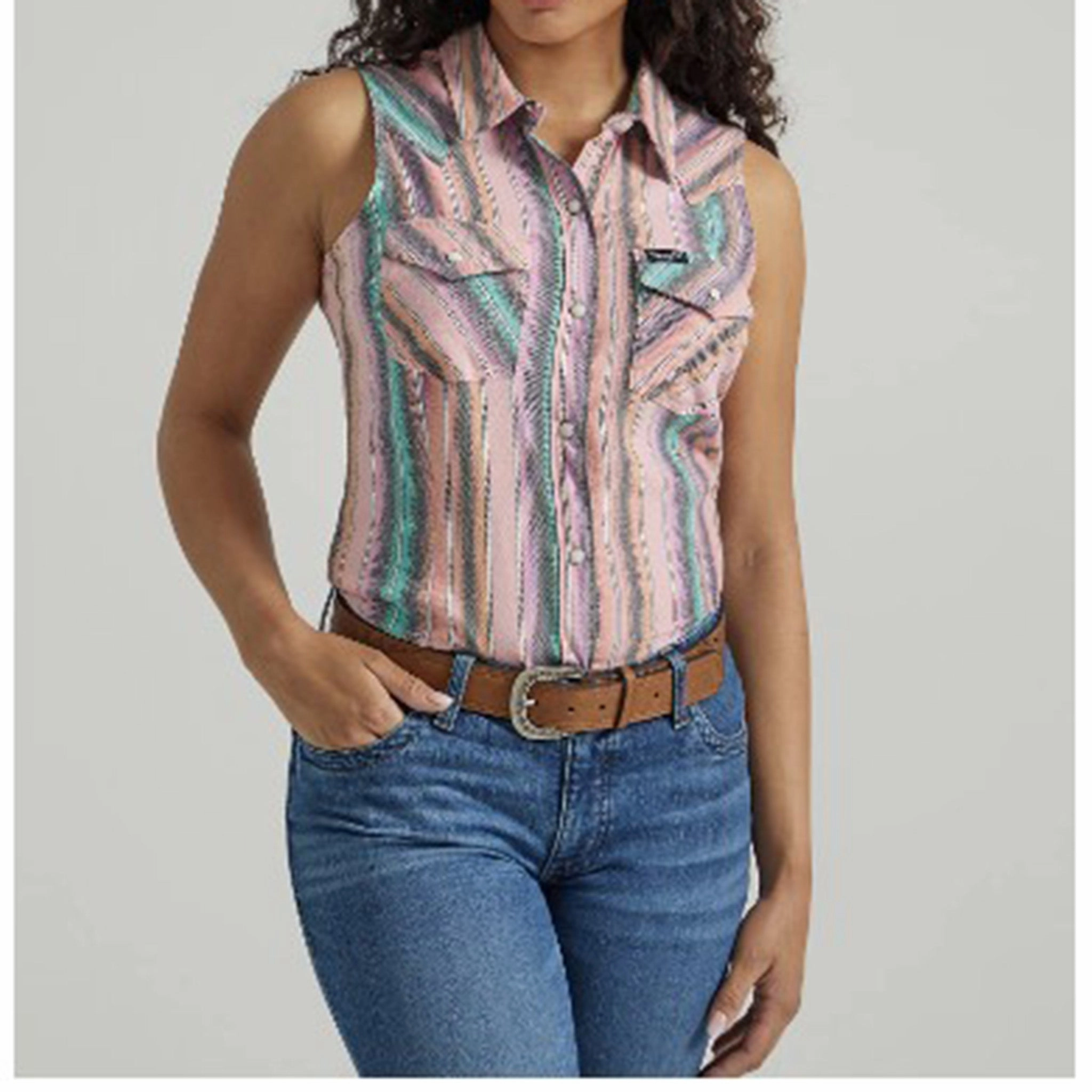 Wrangler Women's Pink Stripe Sleeveless Multi Panel Construction