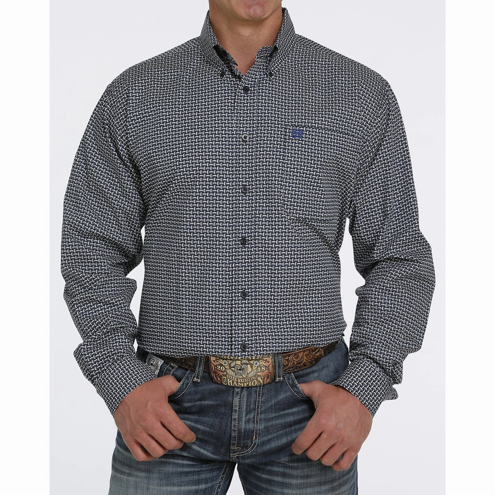 Stretchable Cloth Cinch Men's Navy & White Weave Print Long Sleeve