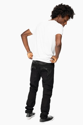 Street Vibe KILLER FLAP MENS SKINNY JEANS IN BLACK ON BLACK WITH CRYSTALS