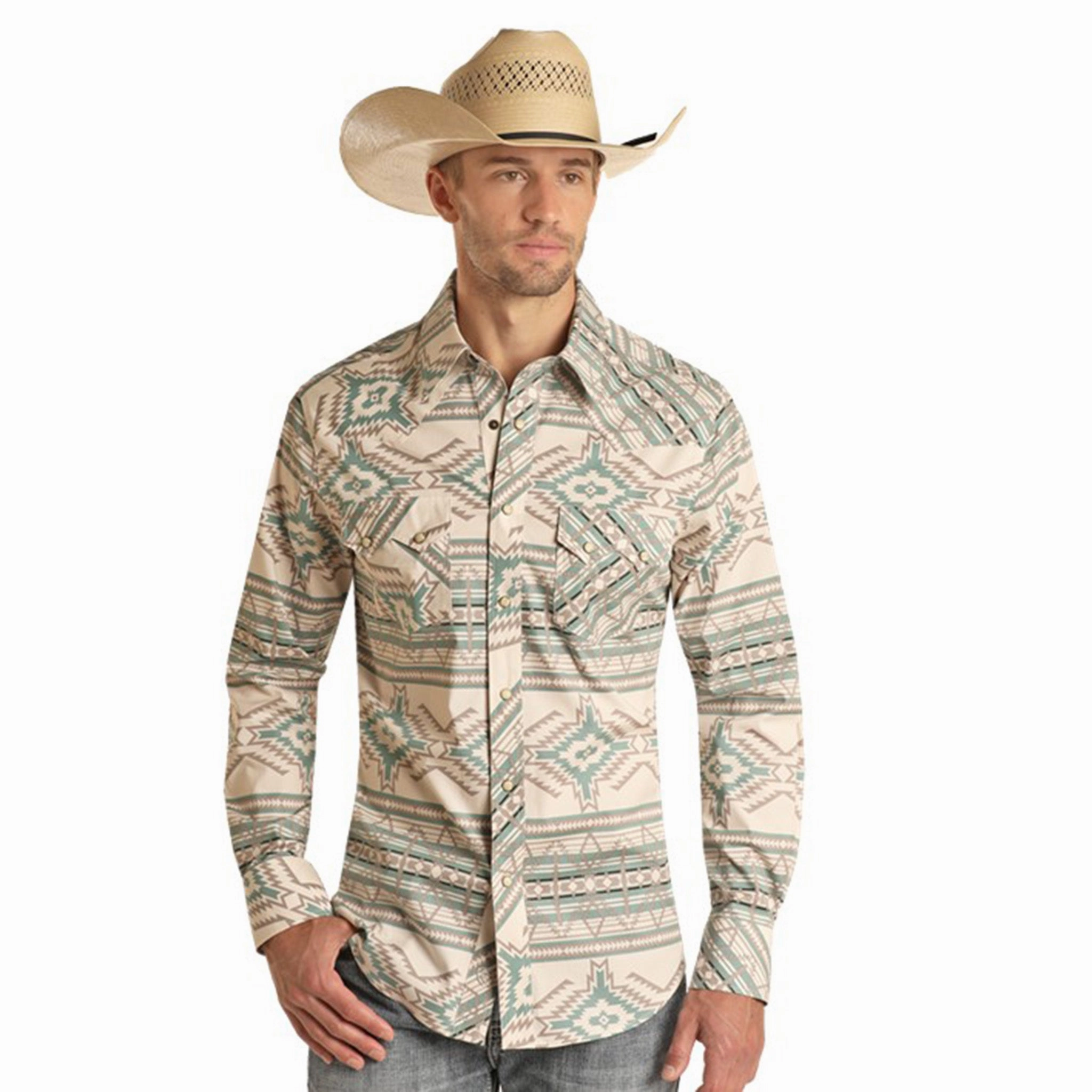 Trendy Fashion Chic Design Rock & Roll Cowboy Men's Aztec Long Sleeve Shirt