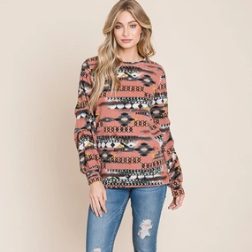 Vanilla Bay Women's Blush Aztec Long Sleeve Top CushionedSupport Garment Dyed Finish