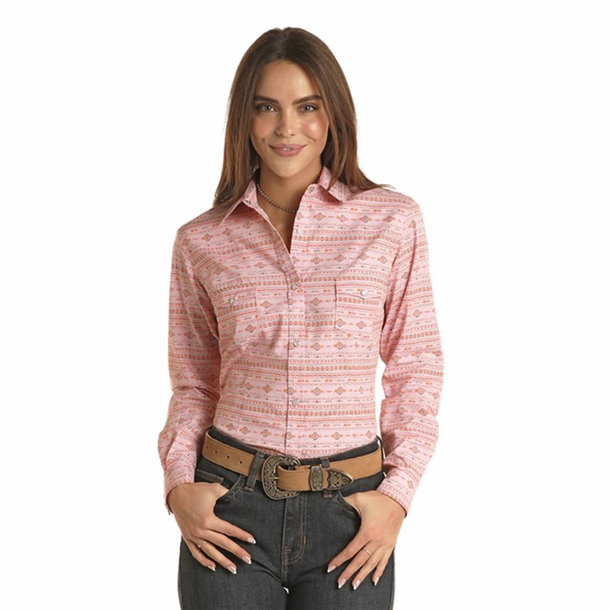 Panhandle Baby Pink Snap Shirt Layered Neckline Details