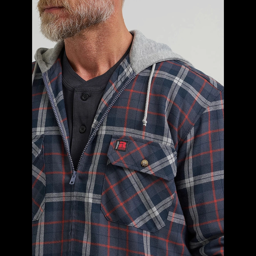 Reinforced Shoulders Elastic Binding Wrangler Riggs  Men's Navy/Red Hooded Flannel Jacket