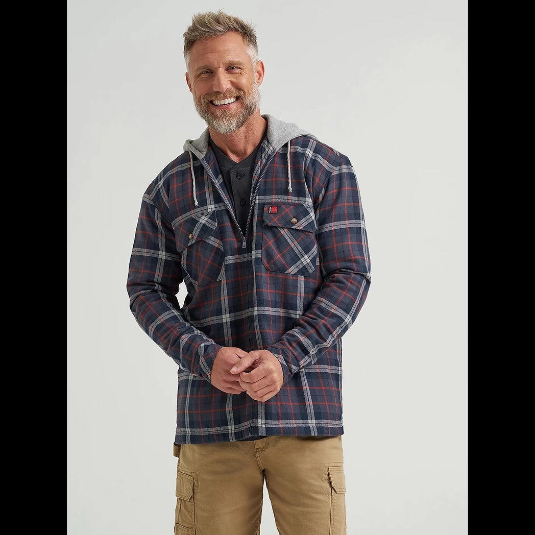 Functional Pocket Wrangler Riggs  Men's Navy/Red Hooded Flannel Jacket