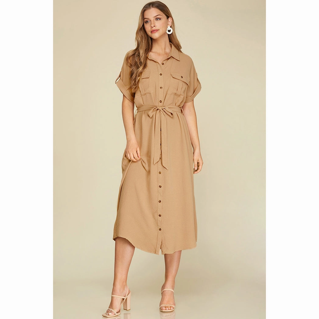 Tonal-Panel Comfortable Design Wear Taupe Tie Dress