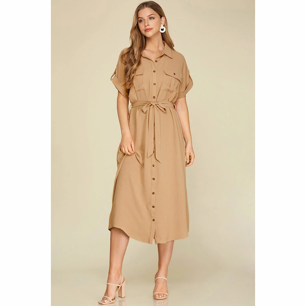 Taupe Tie Dress Trendy Tailoring Chic And Comfortable