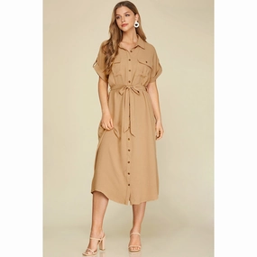 Tonal-Panel Comfortable Design Wear Taupe Tie Dress