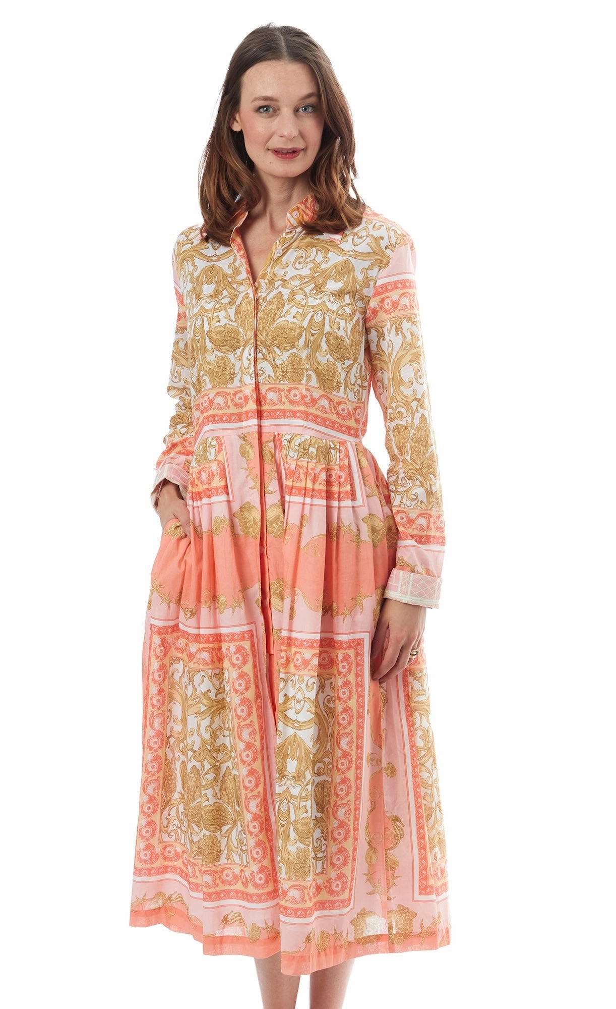 Tea Length Button Front Dress - Scroll Print Comfortable and Flattering Japan Line