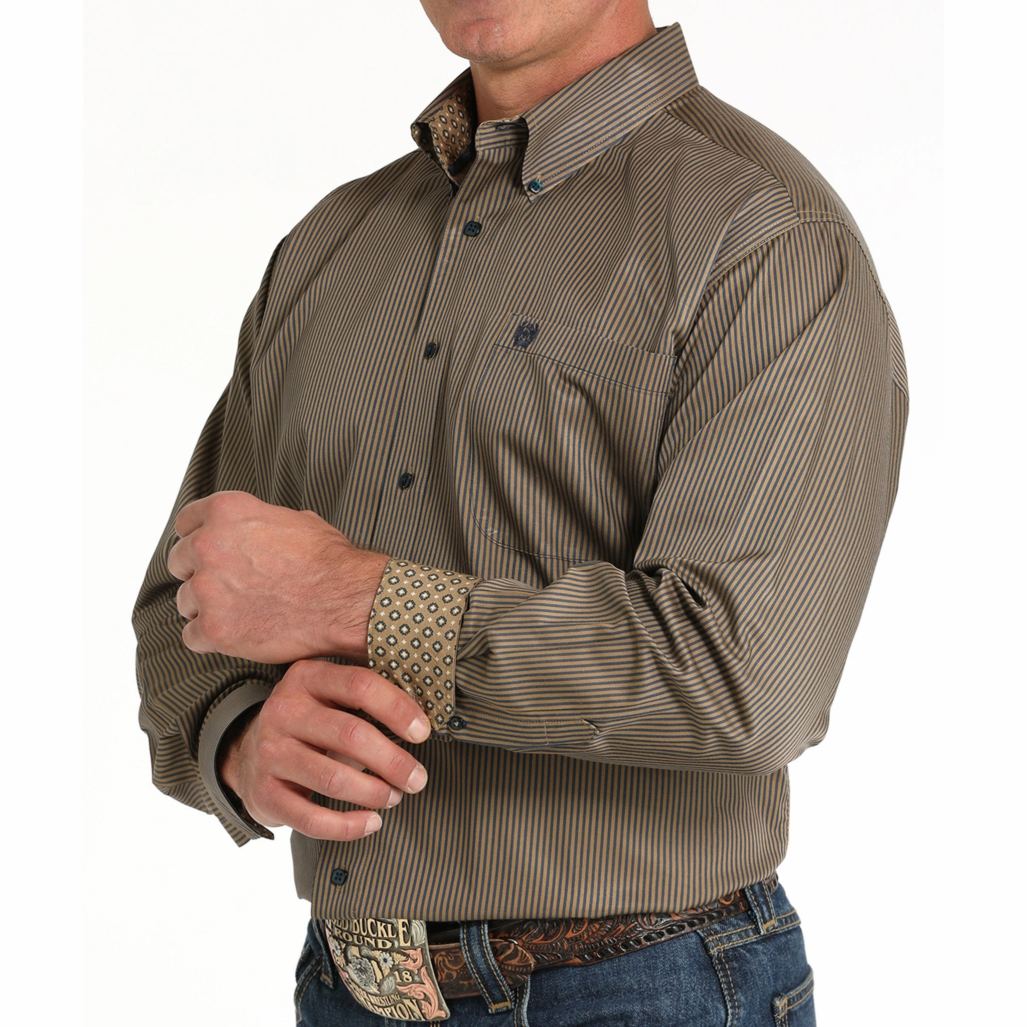 Cinch Men's Brown Long Sleeve Stripe Shirt Statement Maker