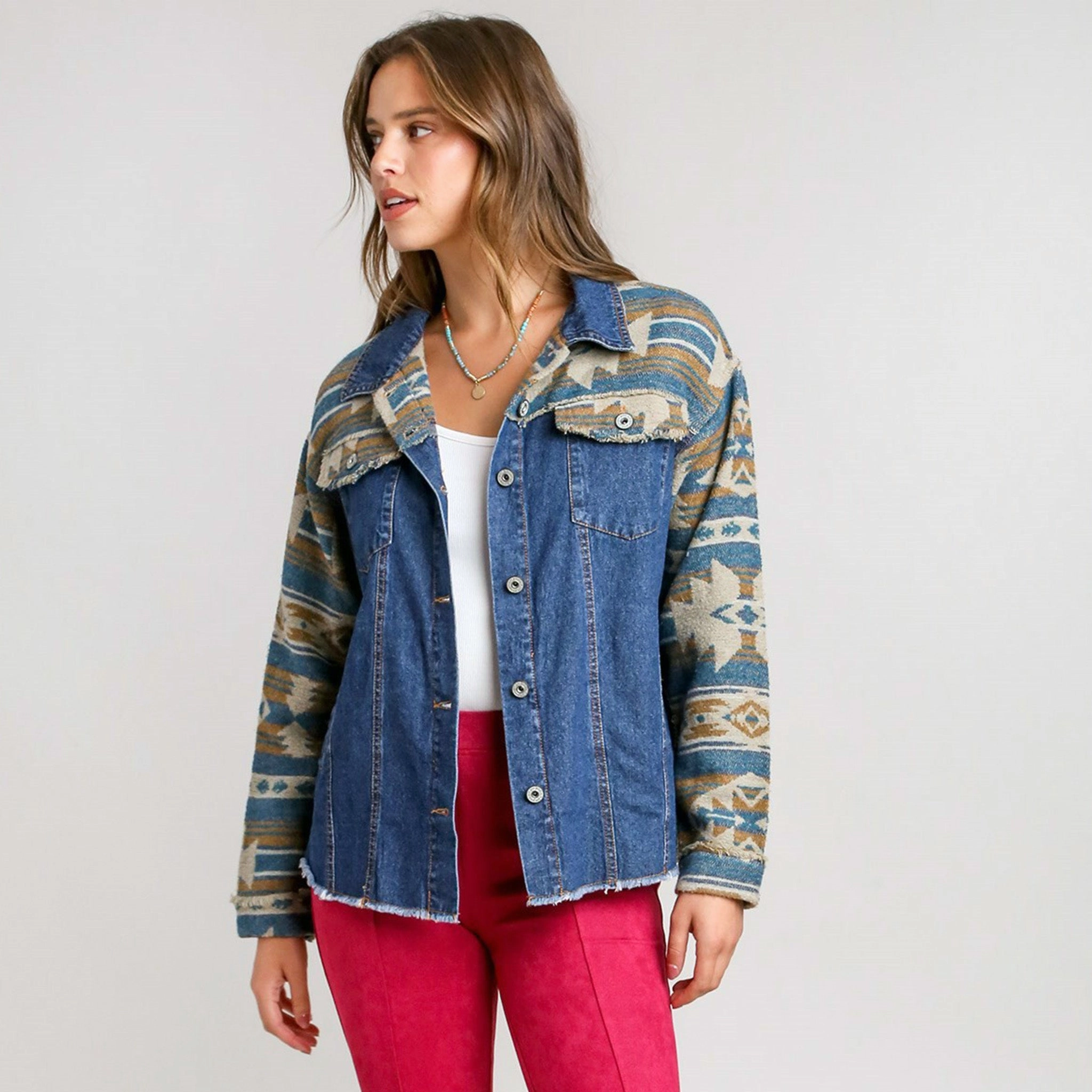 Easy Layering Sleek Casual Umgee Women's Aztec Denim Jacket
