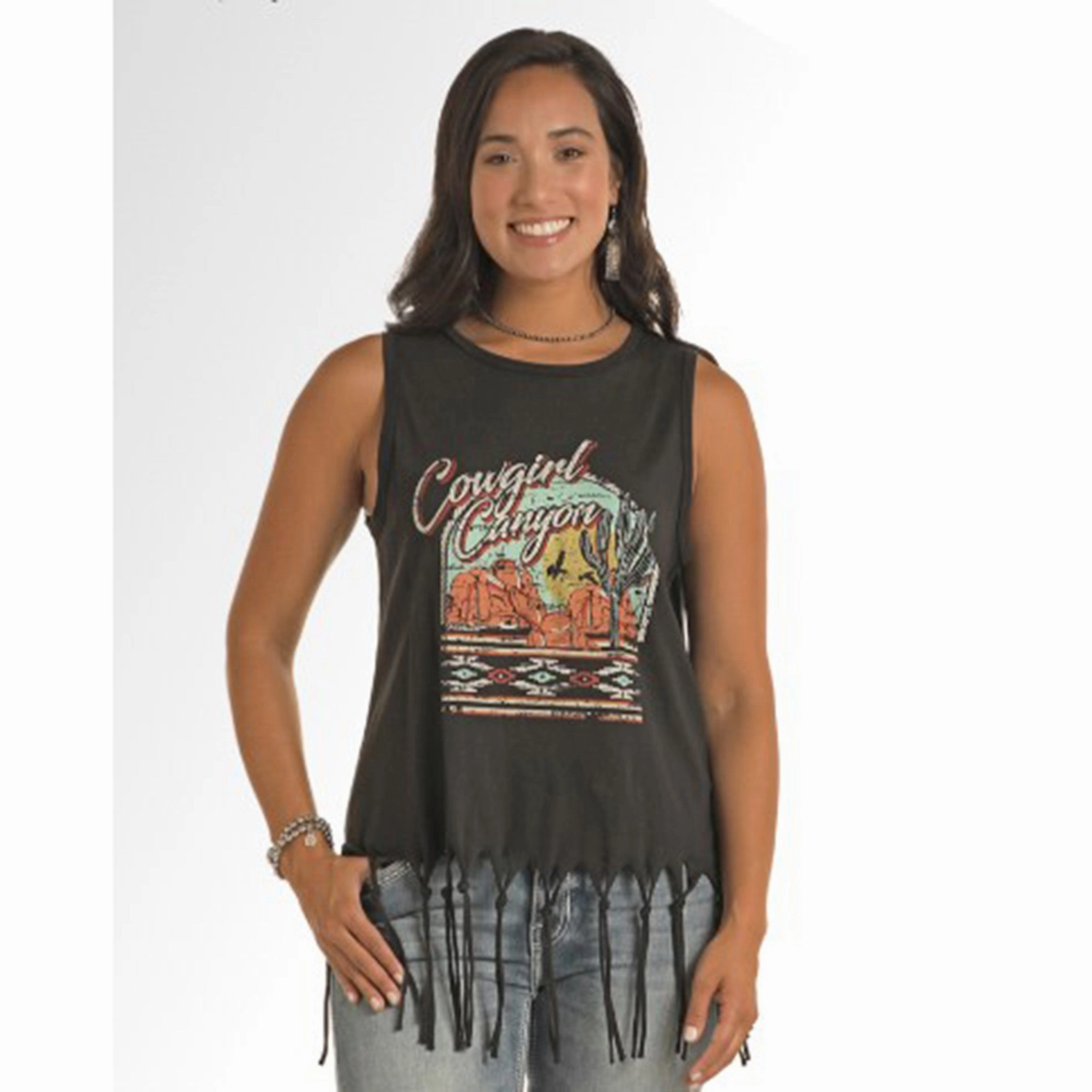 Multi Pocket Functional Design VersatileNeckline Rock & Roll Black Cowgirl Canyon Fringe Tank