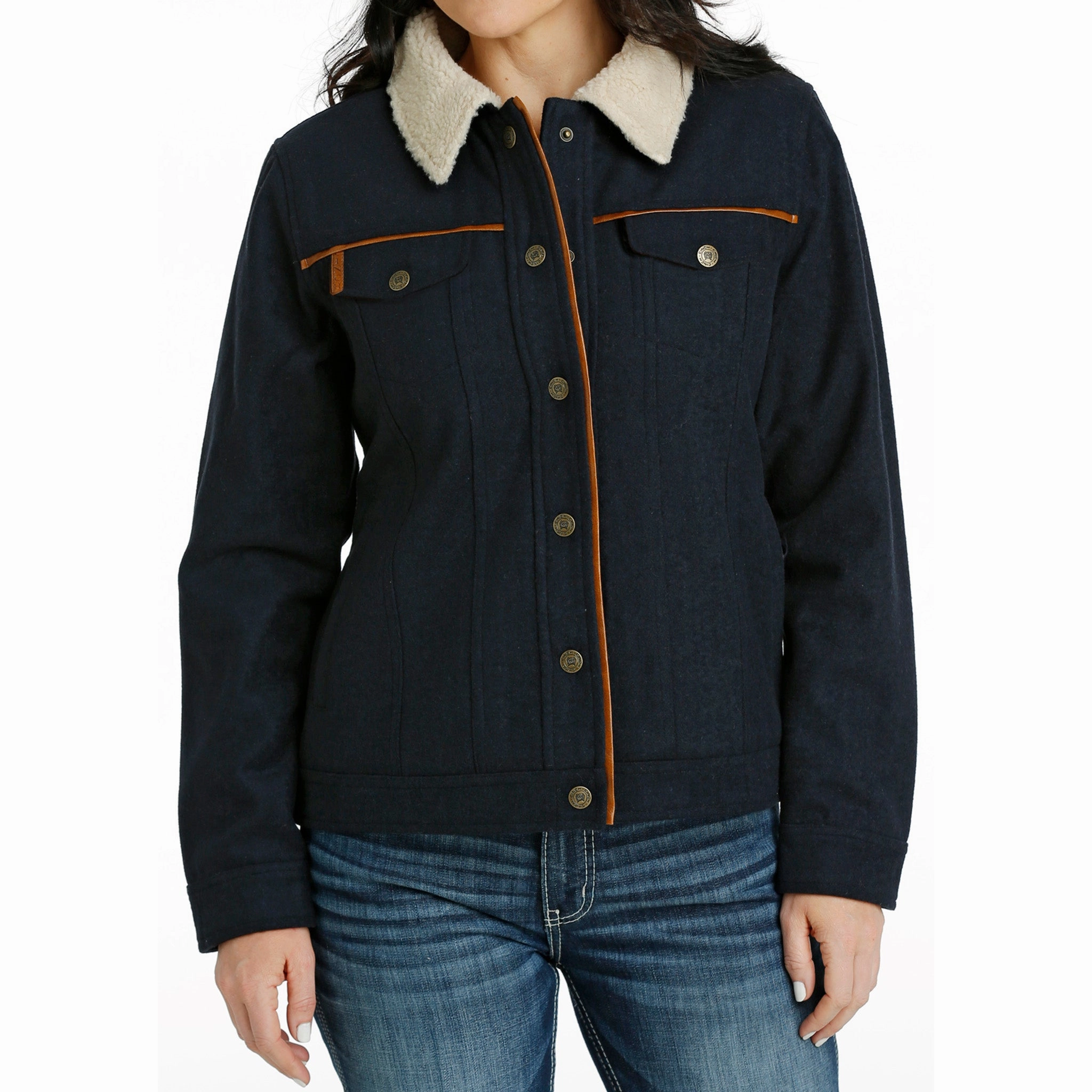 Cinch Women's Navy & Tan Wool Jacket Moisture Management Fabric Cold Outfit