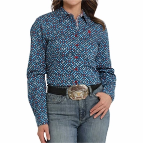 Cinch Women's Blue Print Long Sleeve Button Down UniversalFit