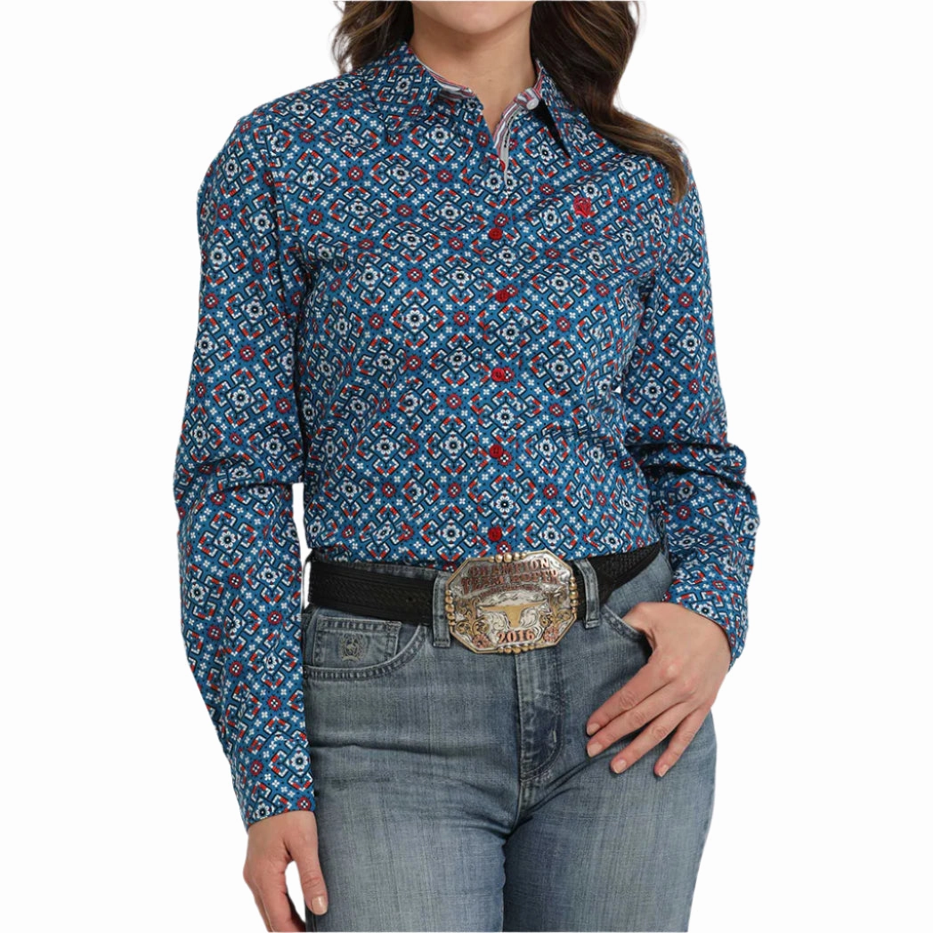 Cinch Women's Blue Print Long Sleeve Button Down UniversalFit