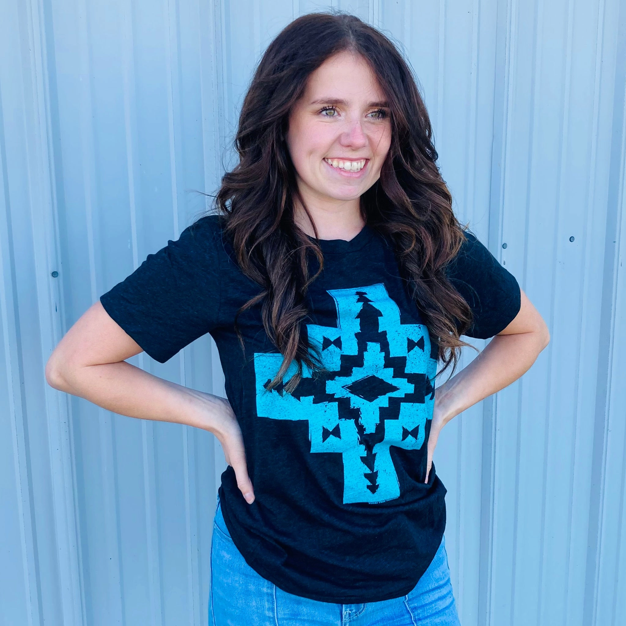 Texas True Turquoise Aztec Tee Midweight Texture