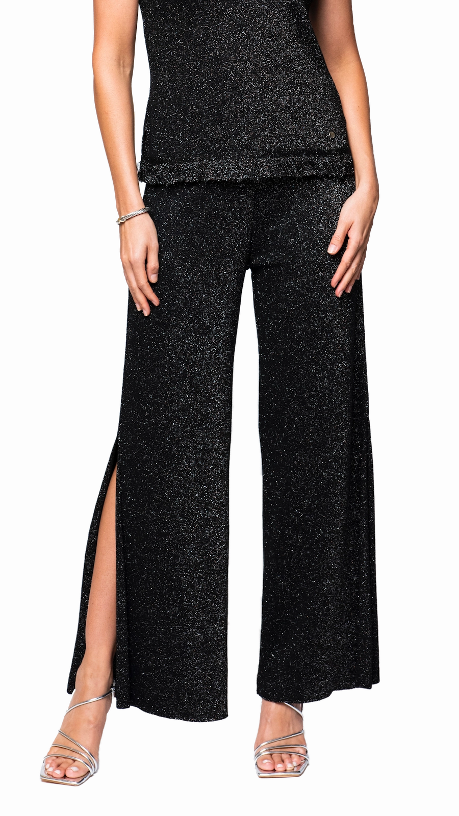 Relaxed Lines Seam-Free Thalia Wide Leg Shimmery Pant with a Slit - Black Shimmer