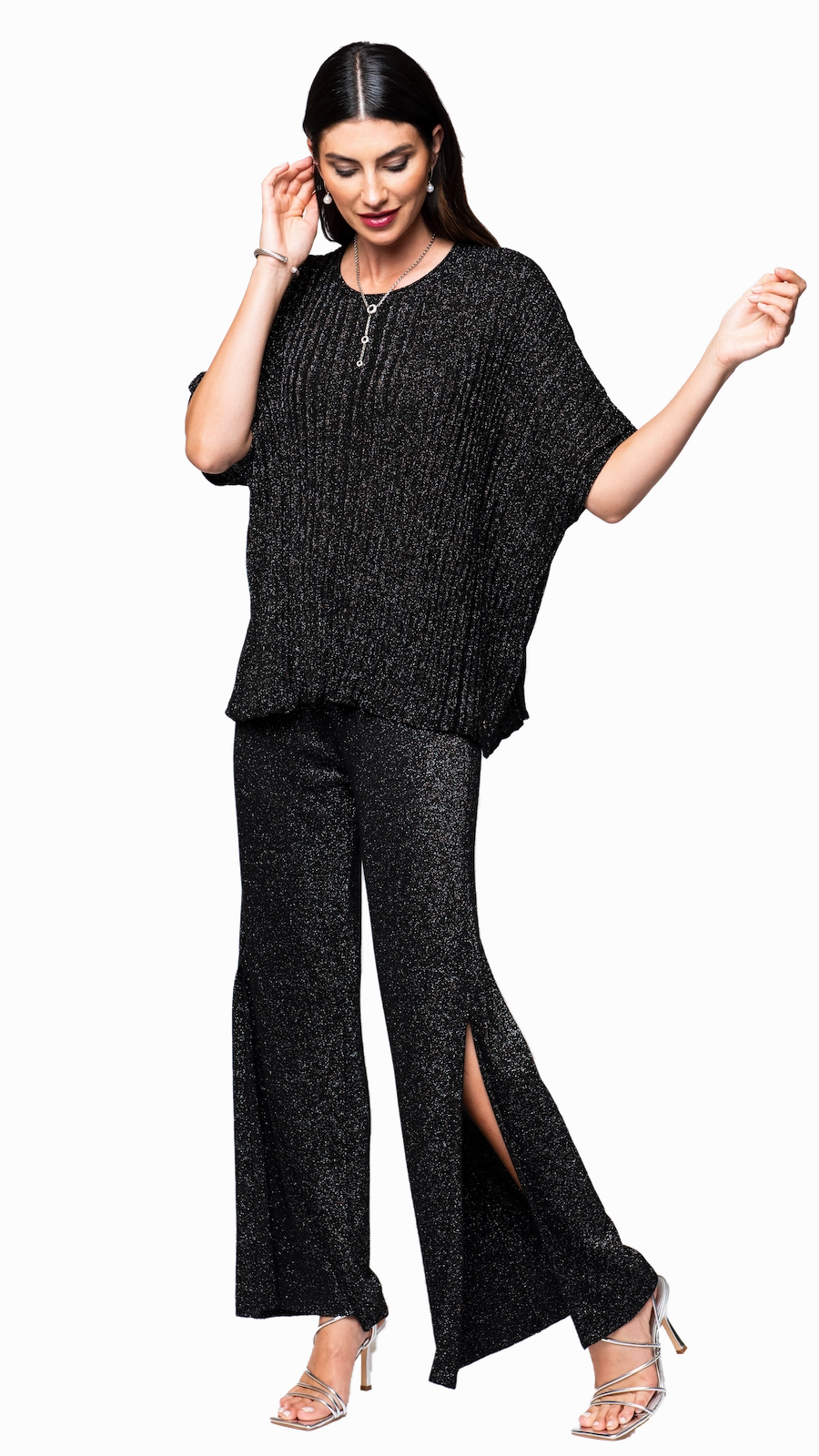 Thalia Wide Leg Shimmery Pant with a Slit - Black Shimmer Stylish Appearance Formal Look