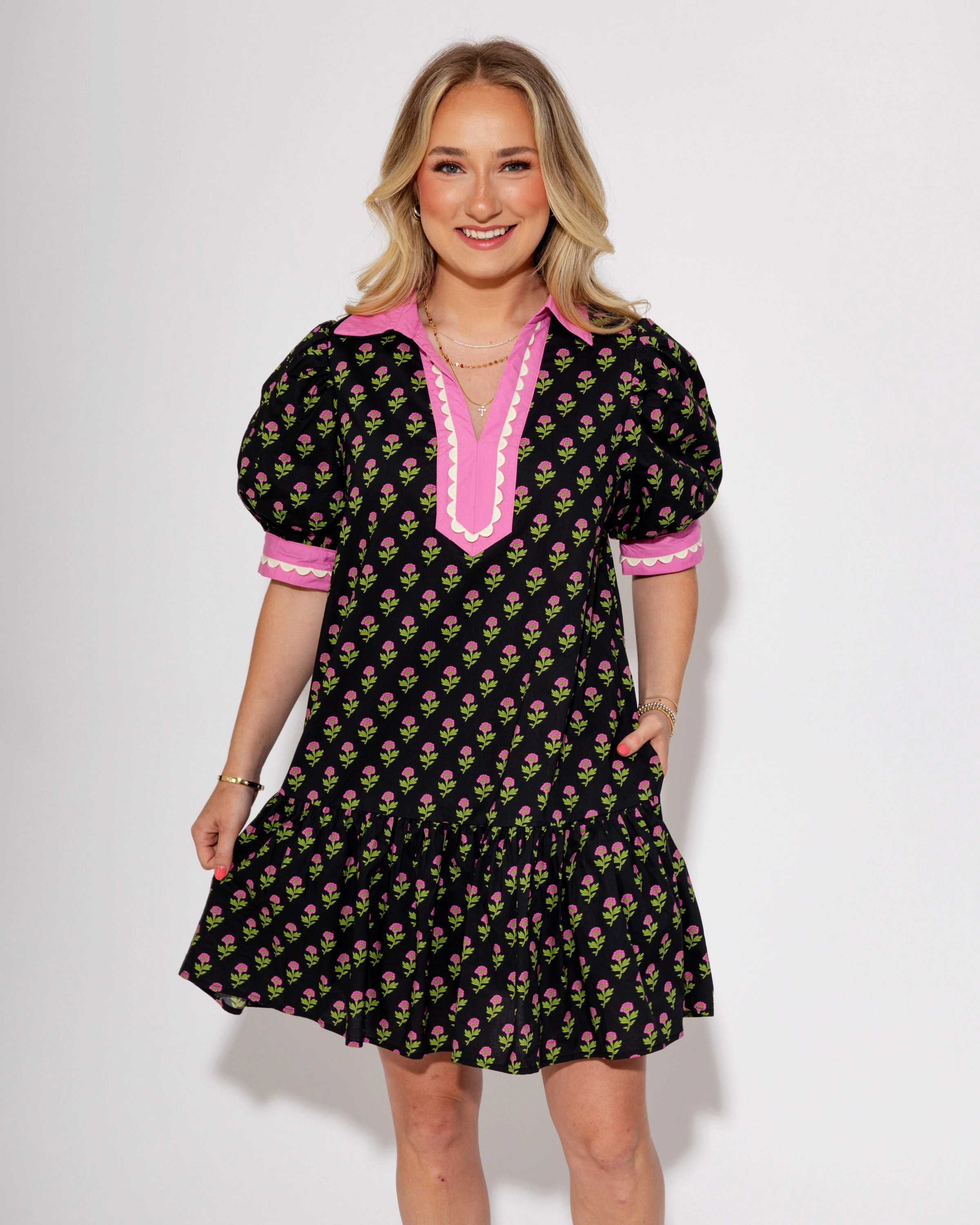 Urban Edge Embroidered-Detail The Floral Flounce Mini Dress in Black