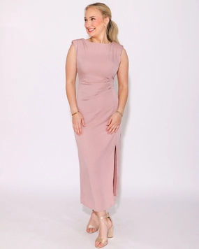 The Pleated Grace Blush Midi Dress V-Neck