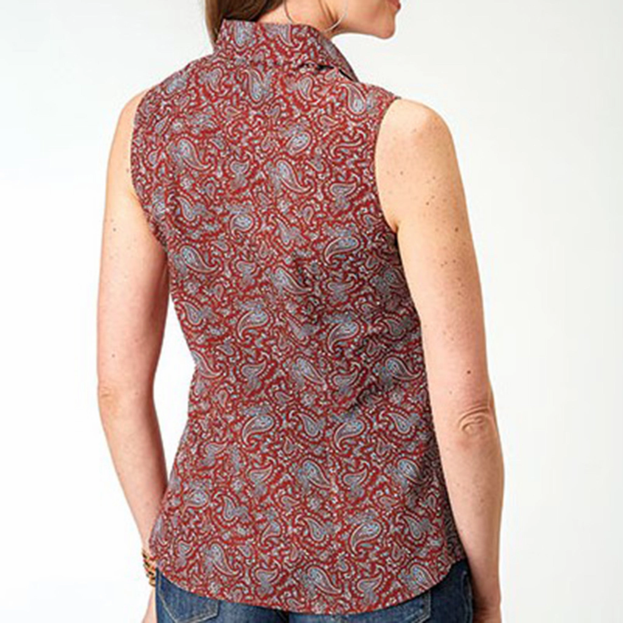 Tapered Cut Double Needle Stitching Roper Women's Vintage Red Paisley Sleeveless Shirt