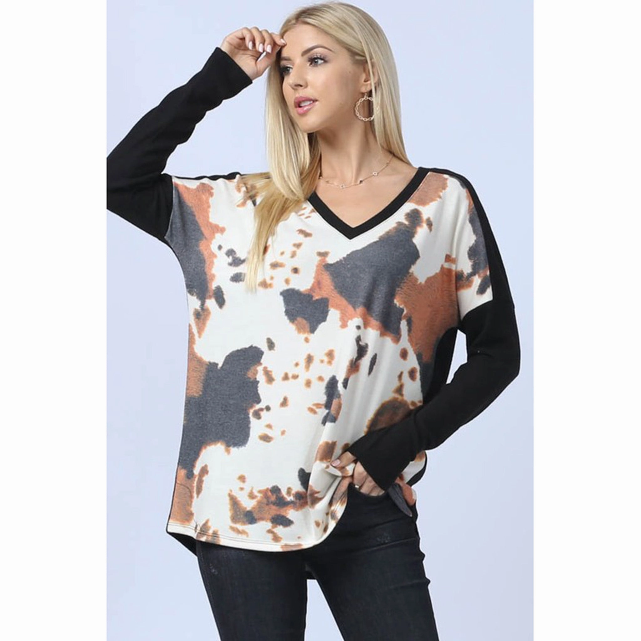 Cozy Fit Cow Print Color Block Ultra Soft Hacci Top
