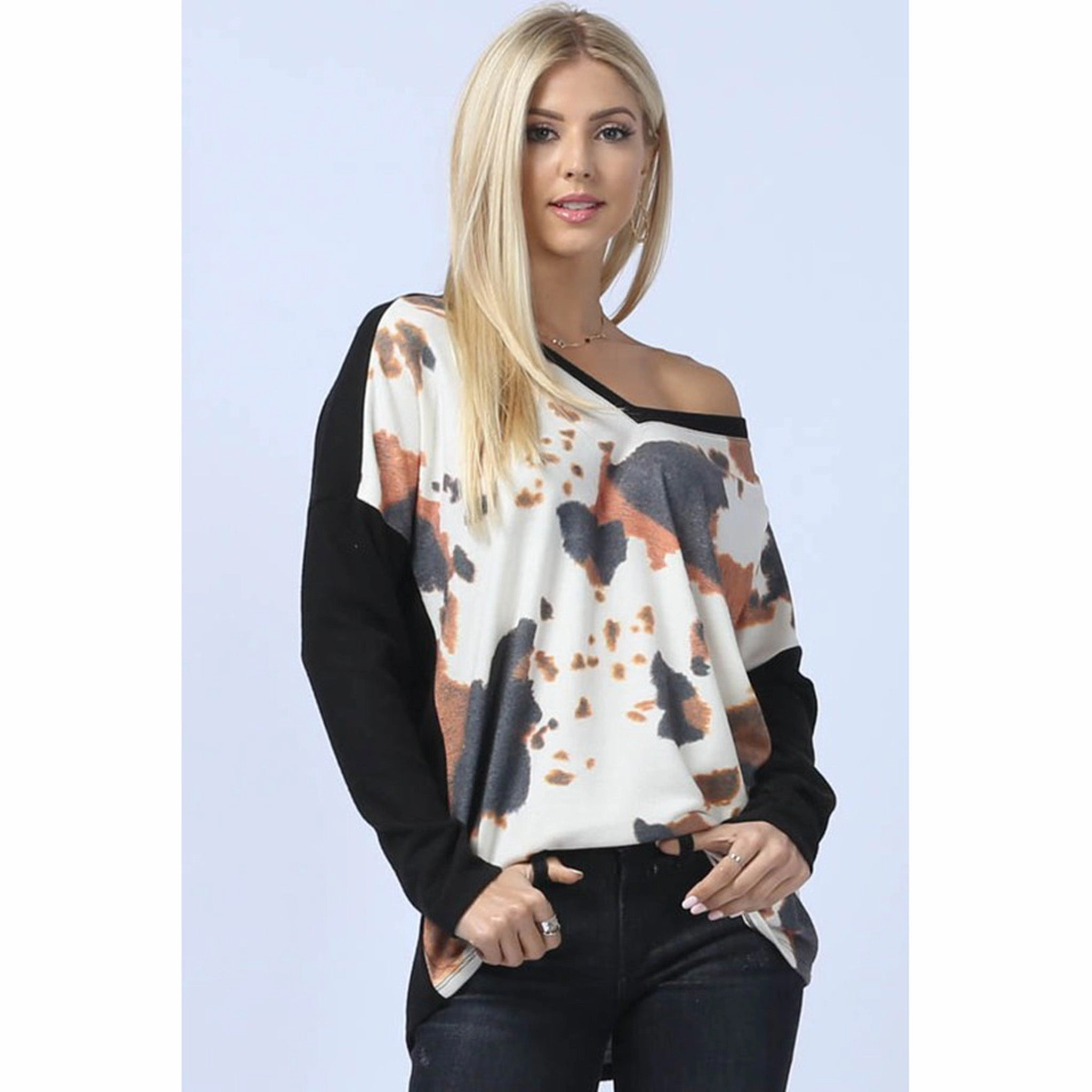 LayeredCollar Cow Print Color Block Ultra Soft Hacci Top