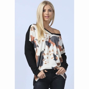 LayeredCollar Cow Print Color Block Ultra Soft Hacci Top