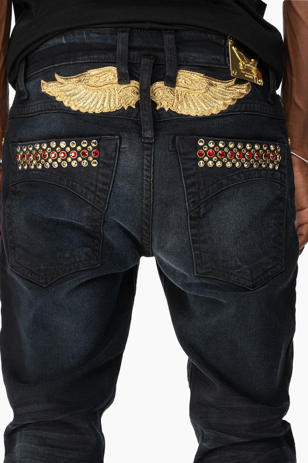 SKINNY MENS JEANS IN F_D UP BLACK WASH WITH RED AND GOLD AURUM CRYSTALS School Fit Everyday Outdoor Enthusiast Vibrant
