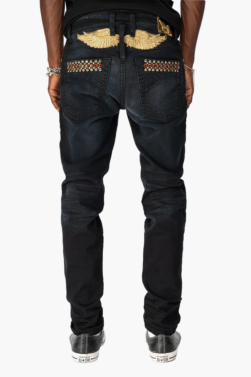 SKINNY MENS JEANS IN F_D UP BLACK WASH WITH RED AND GOLD AURUM CRYSTALS Active Touch