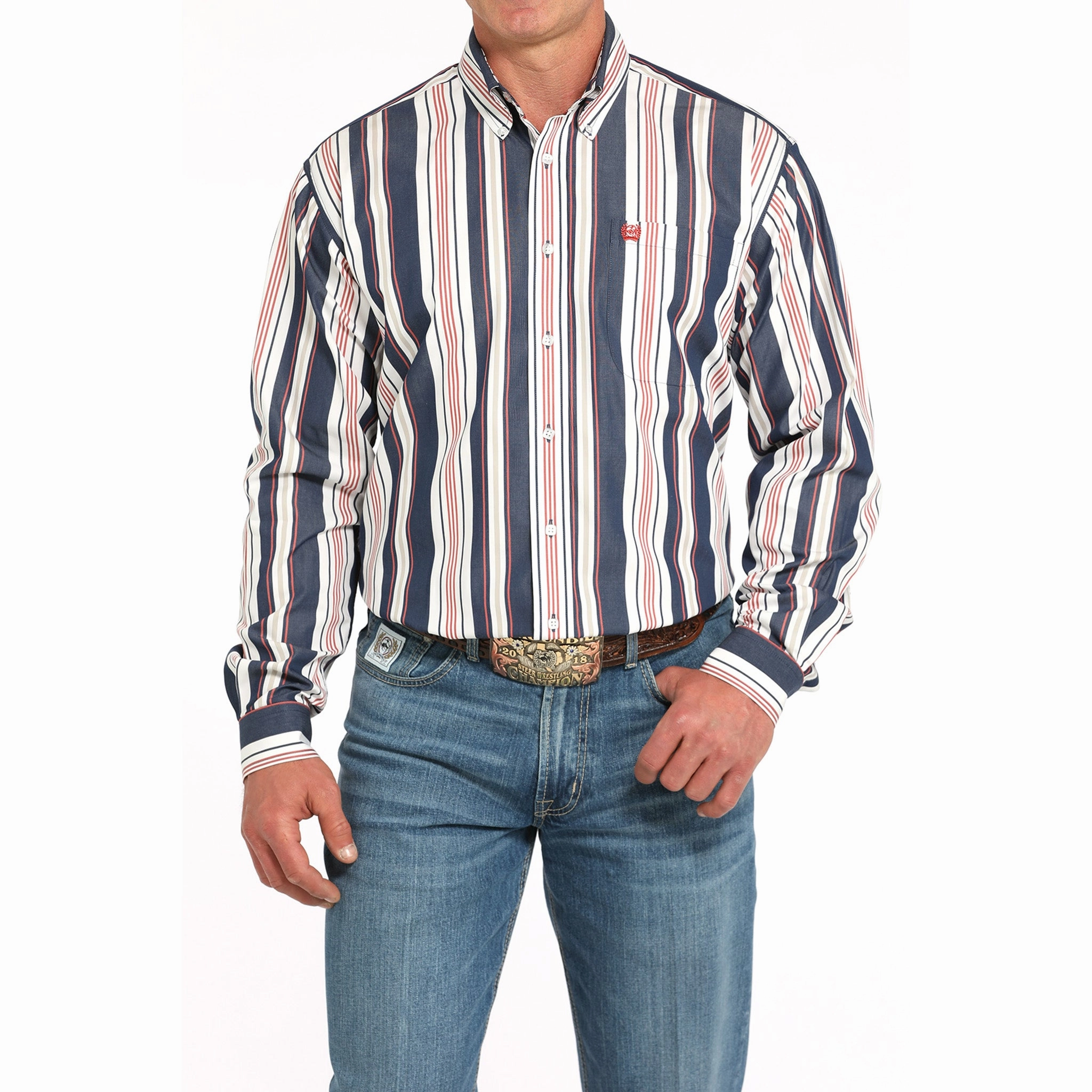 Cinch Men's Navy, White, and Red Long Sleeve Shirt All-Weather Ready No Slip Shoulder Grip