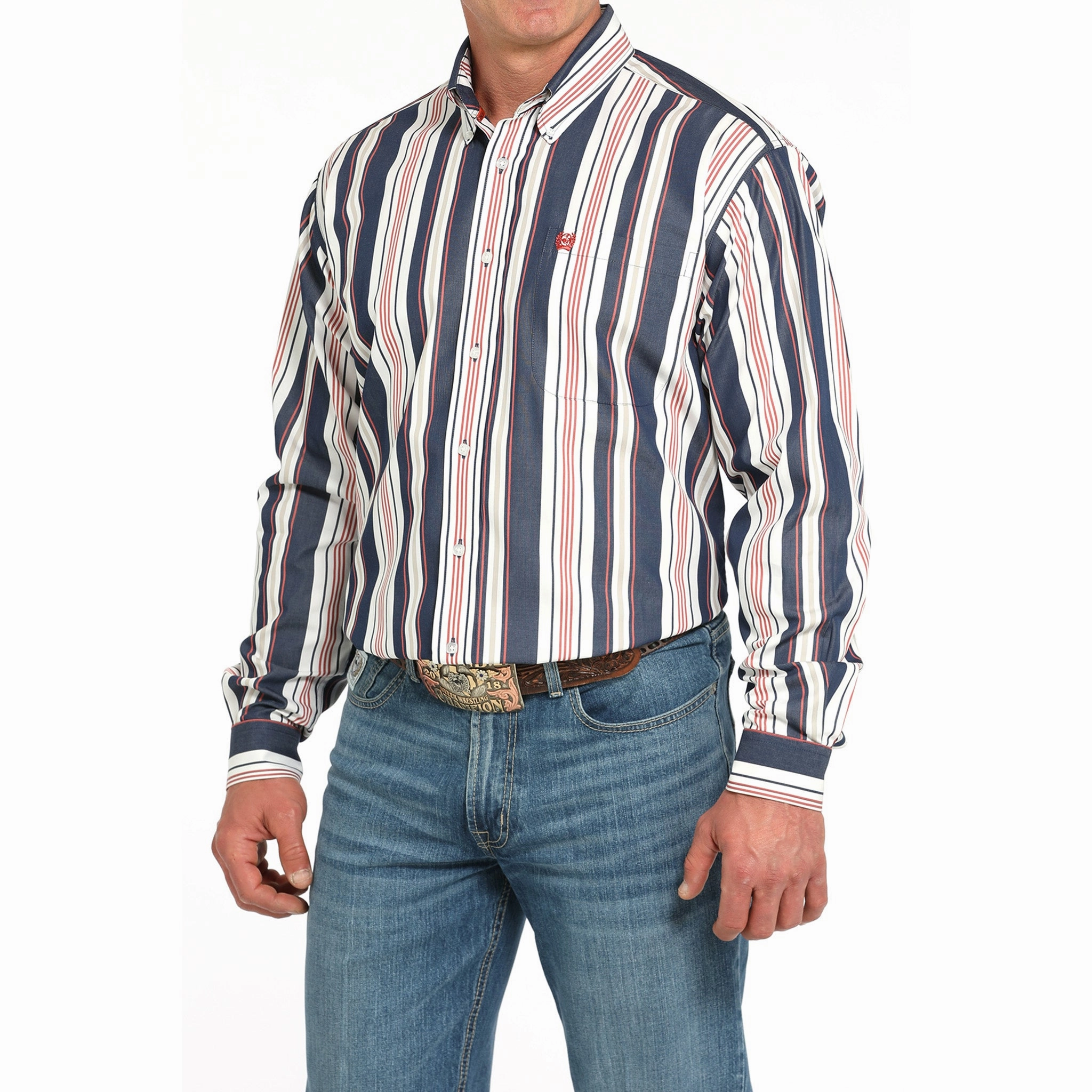 Cinch Men's Navy, White, and Red Long Sleeve Shirt Soft Stretch Collar