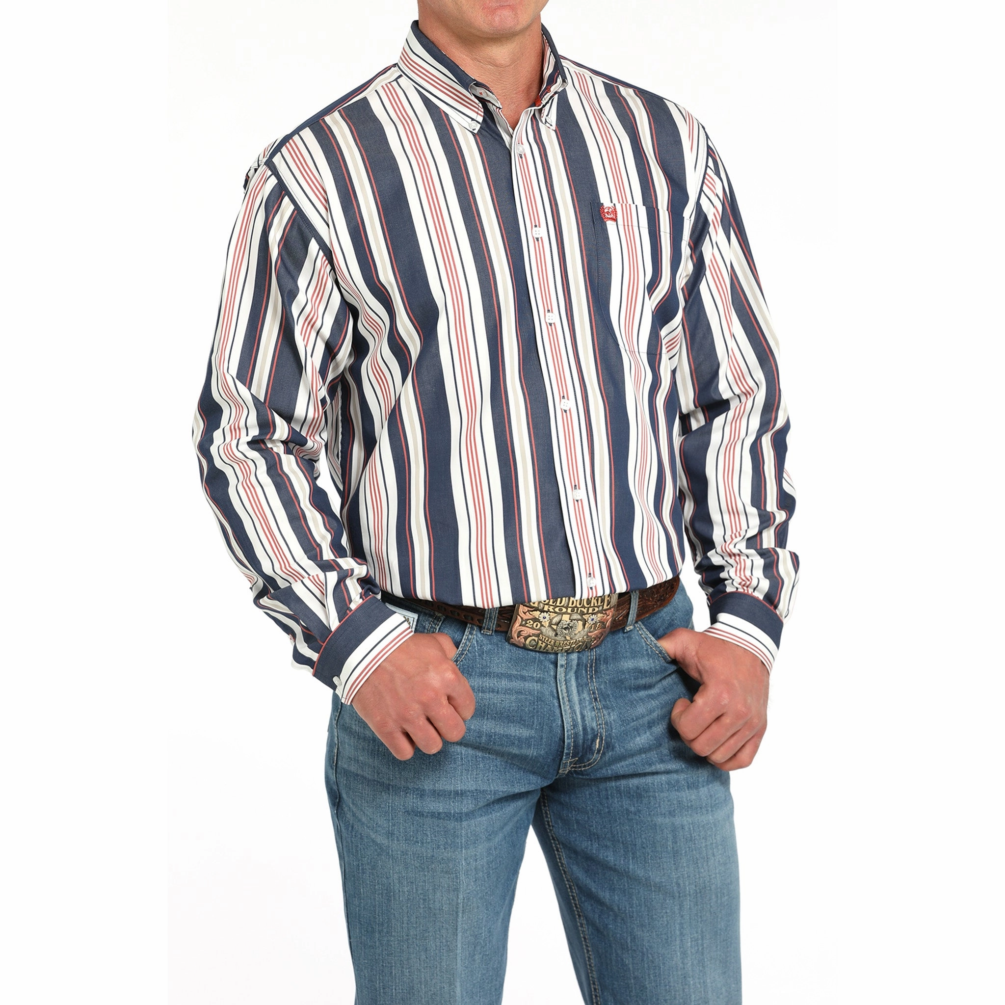 Cinch Men's Navy, White, and Red Long Sleeve Shirt Essential Fit Chic Ensemble