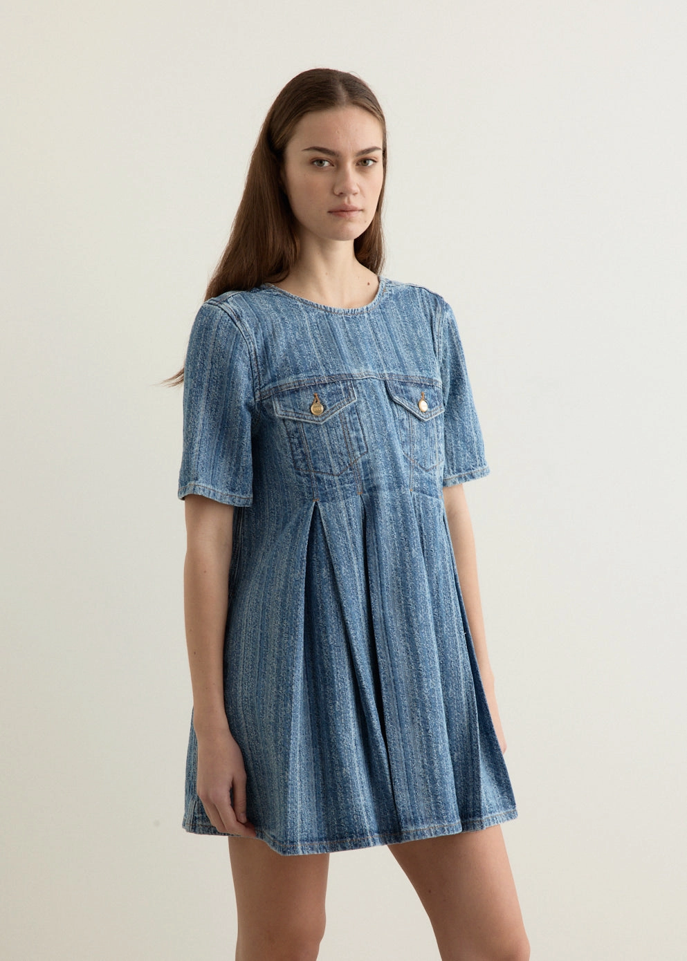 Classic Waistband Structured Denim Open-Back Mini Dress