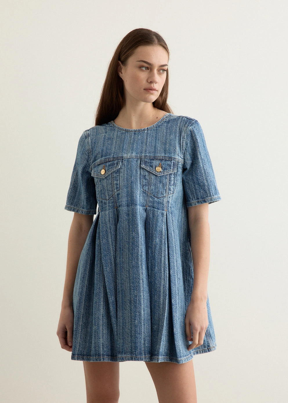 Panelled-Design Structured Denim Open-Back Mini Dress