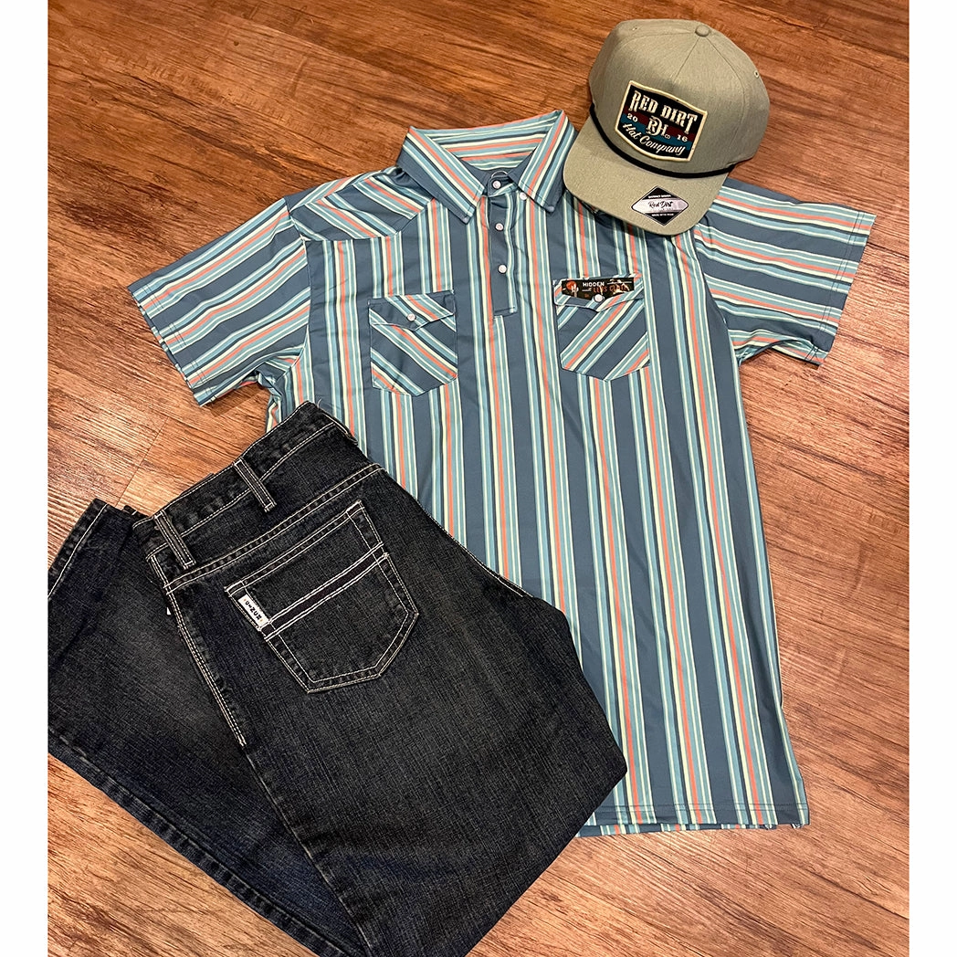 Winter Retreat Red Dirt Men's Teal & Coral Striped Short Sleeve Polo