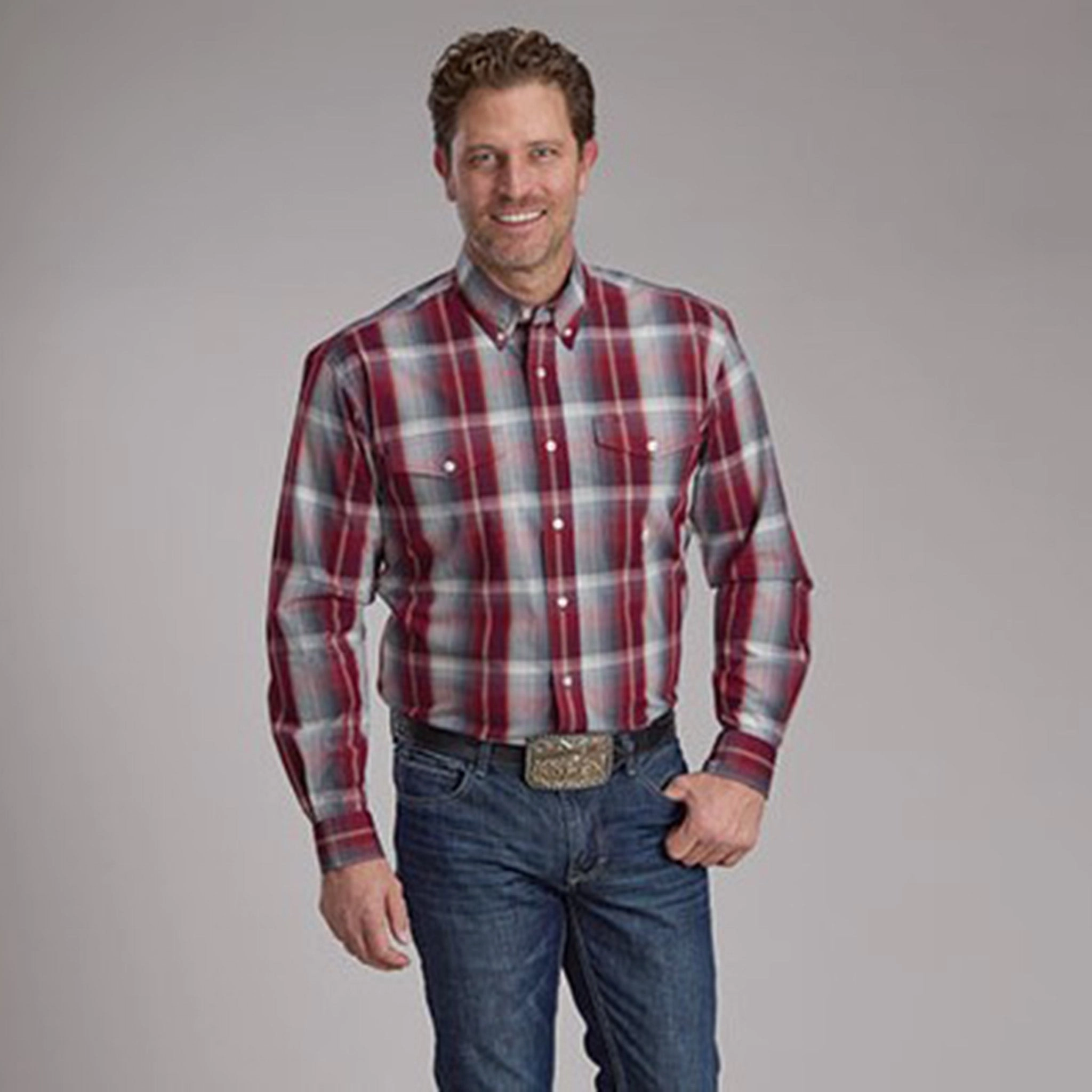 Active Lifestyle Roper Men's Wine & Grey Plaid Shirt