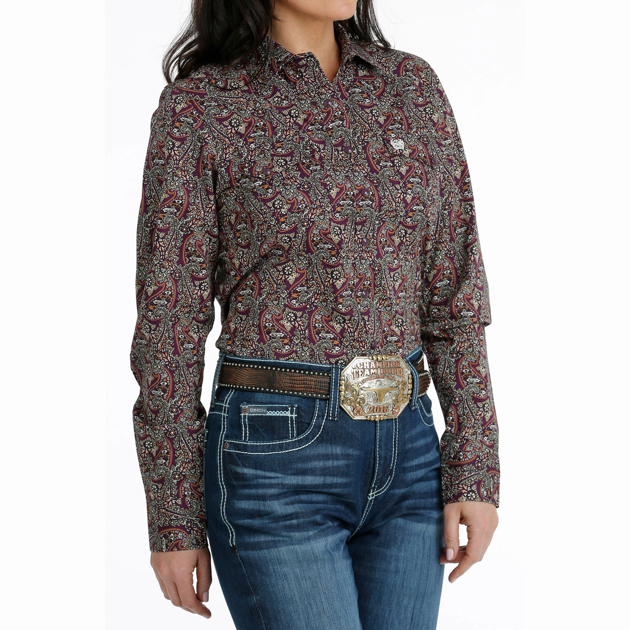 MinimalistCut Cinch Women's Purple Paisley Long Sleeve