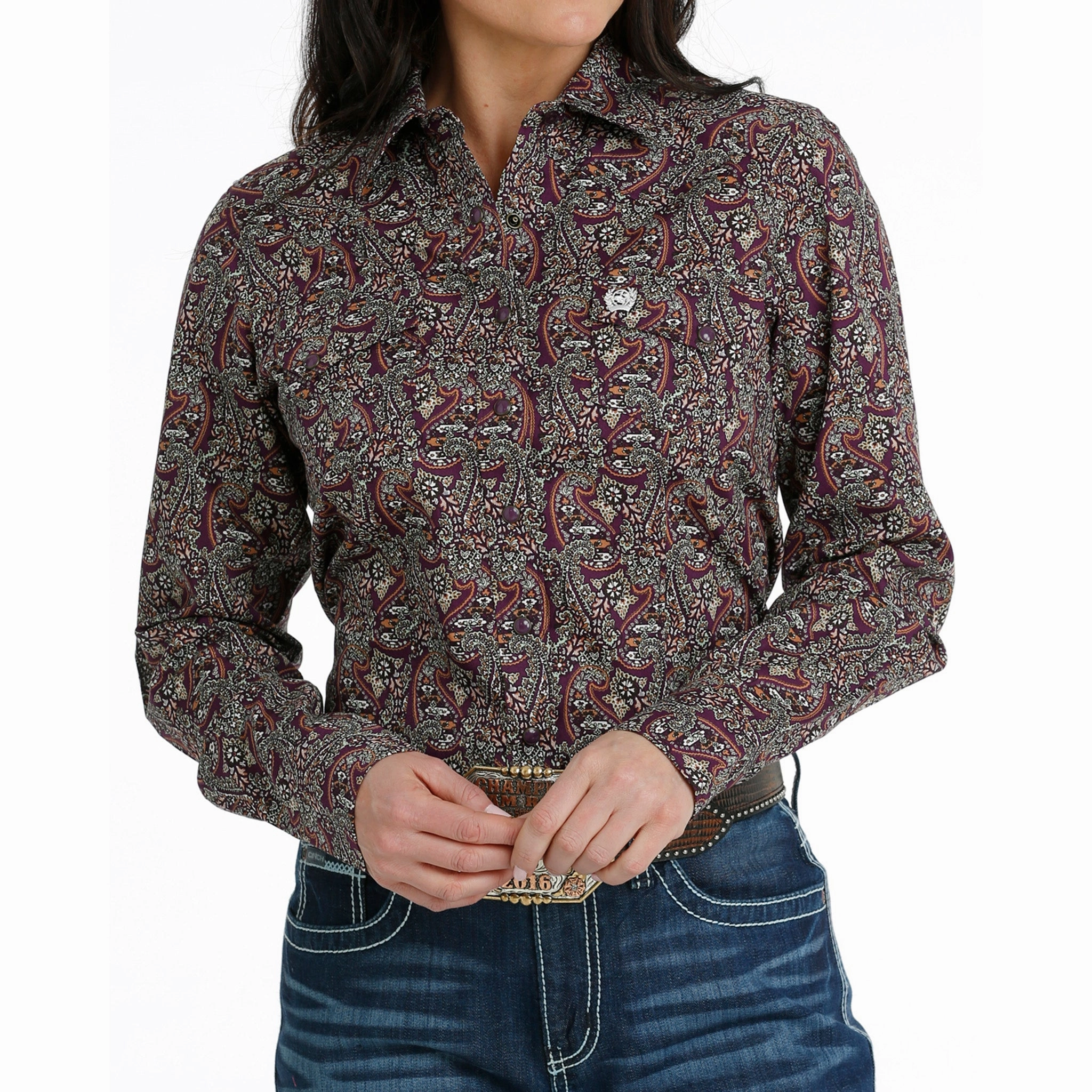 Cinch Women's Purple Paisley Long Sleeve NonIrritatingEdges Stretchable Neckline