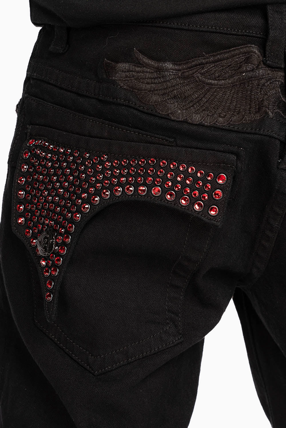 KILLER FLAP STRAIGHT JEANS IN PURE BLACK WASH WITH RED CRYSTALS Festival Outfit Everyday