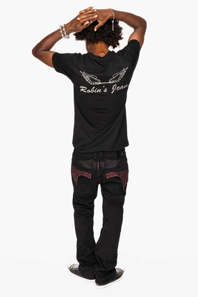 Casual Dressing Comfy Waist Fit KILLER FLAP STRAIGHT JEANS IN PURE BLACK WASH WITH RED CRYSTALS