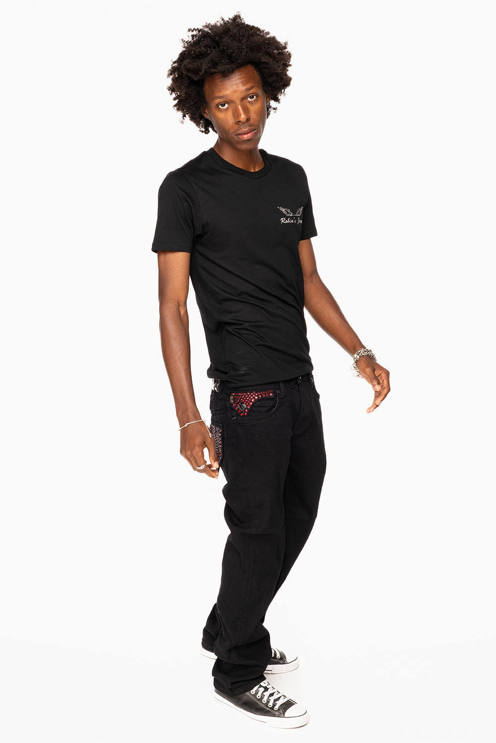 Sustainable Beach Day Fashion Uniform KILLER FLAP STRAIGHT JEANS IN PURE BLACK WASH WITH RED CRYSTALS