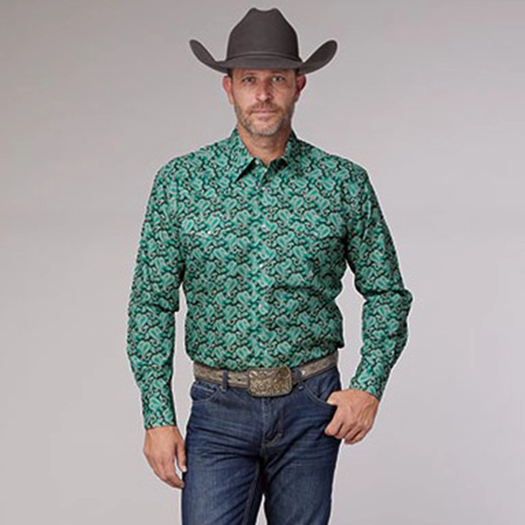 Neutral Tones Elegant Finish Roper Men's Green Paisley Long Sleeve