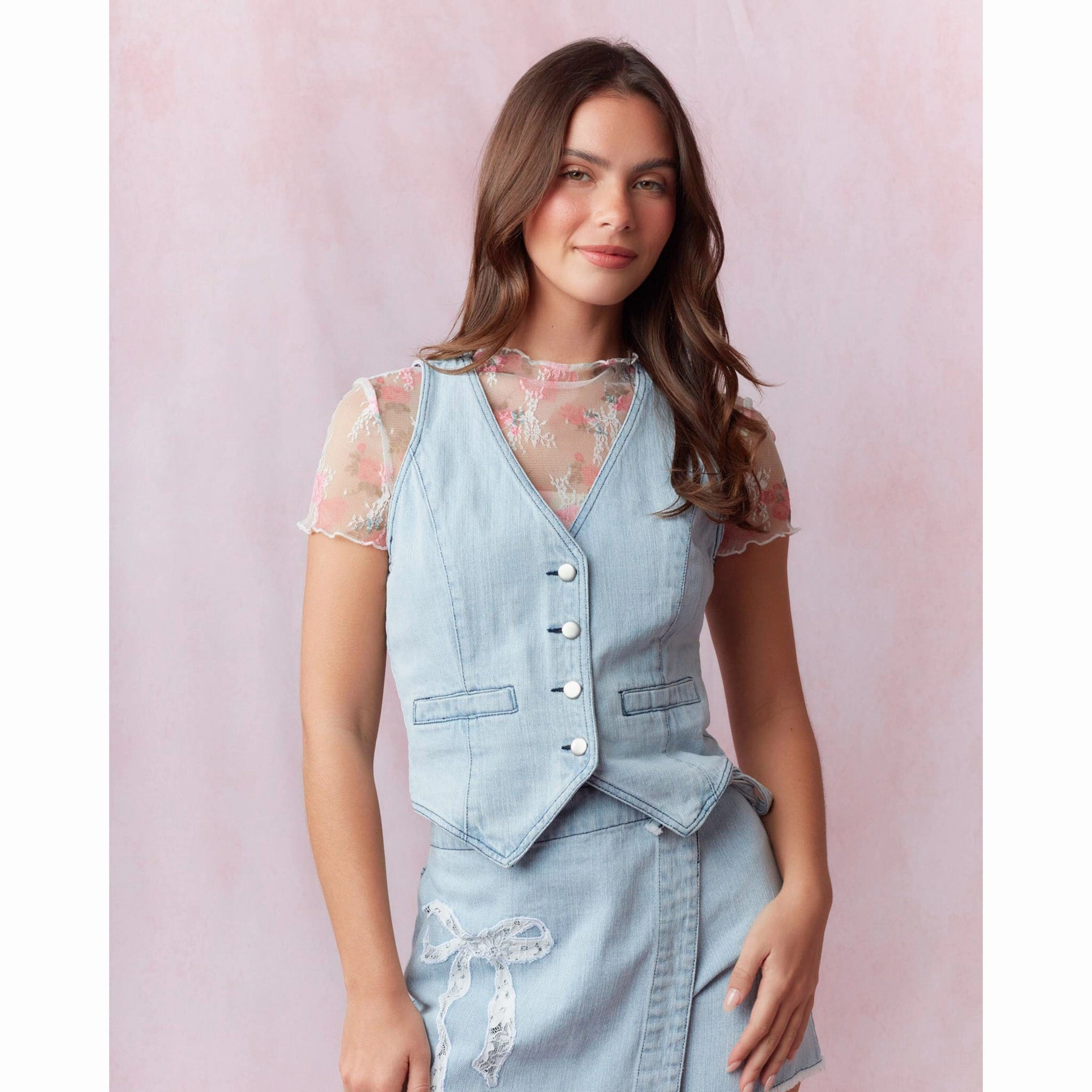 Denim Vest with a Lace Bow on the Back Simple Layers