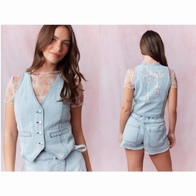 Functional Fit Denim Vest with a Lace Bow on the Back