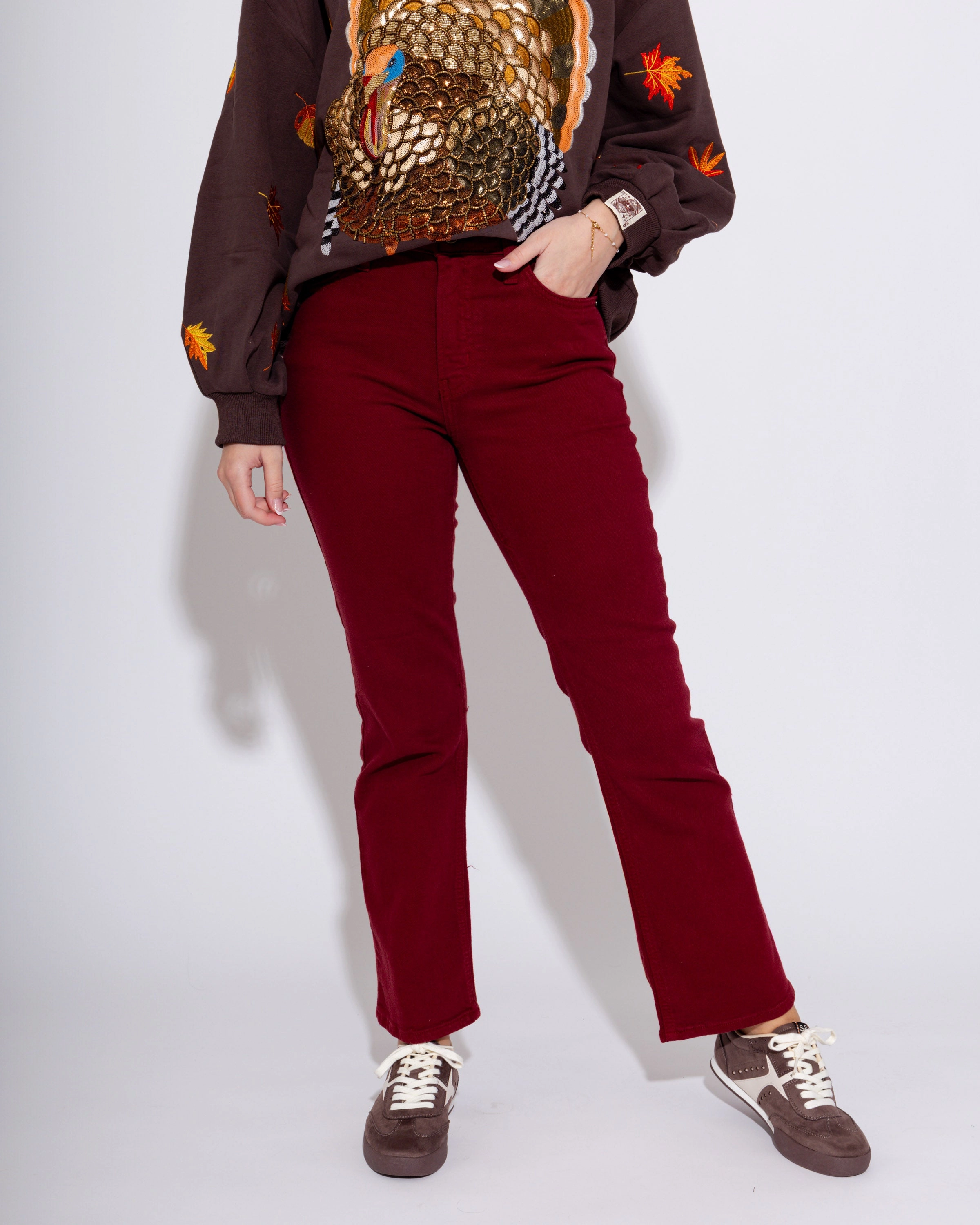 Slim Cropped Bootcut Jeans in Dark Cherry Sandblasted Finish Office Wear Modern Rainy Day