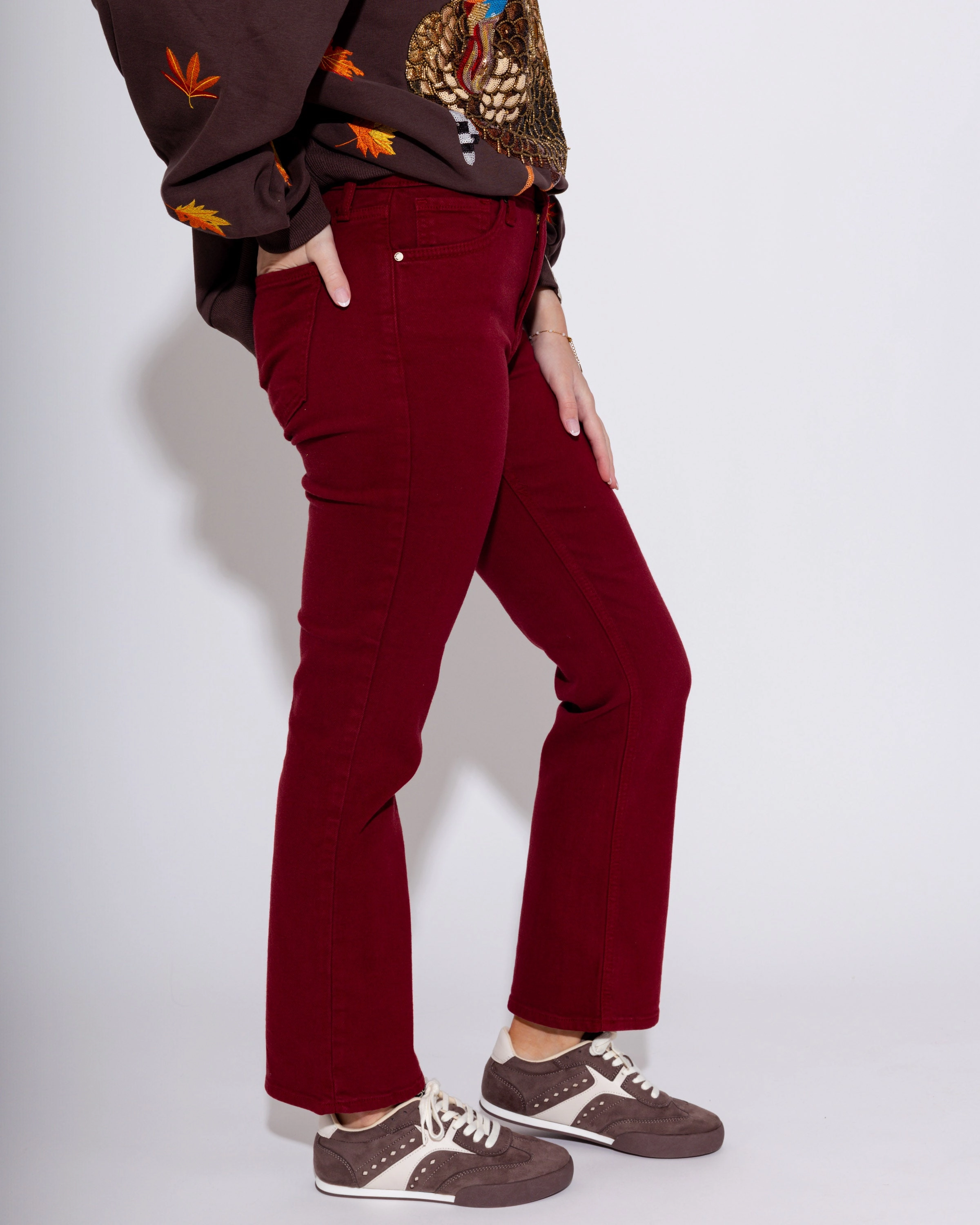 Clean Base Slim Cropped Bootcut Jeans in Dark Cherry