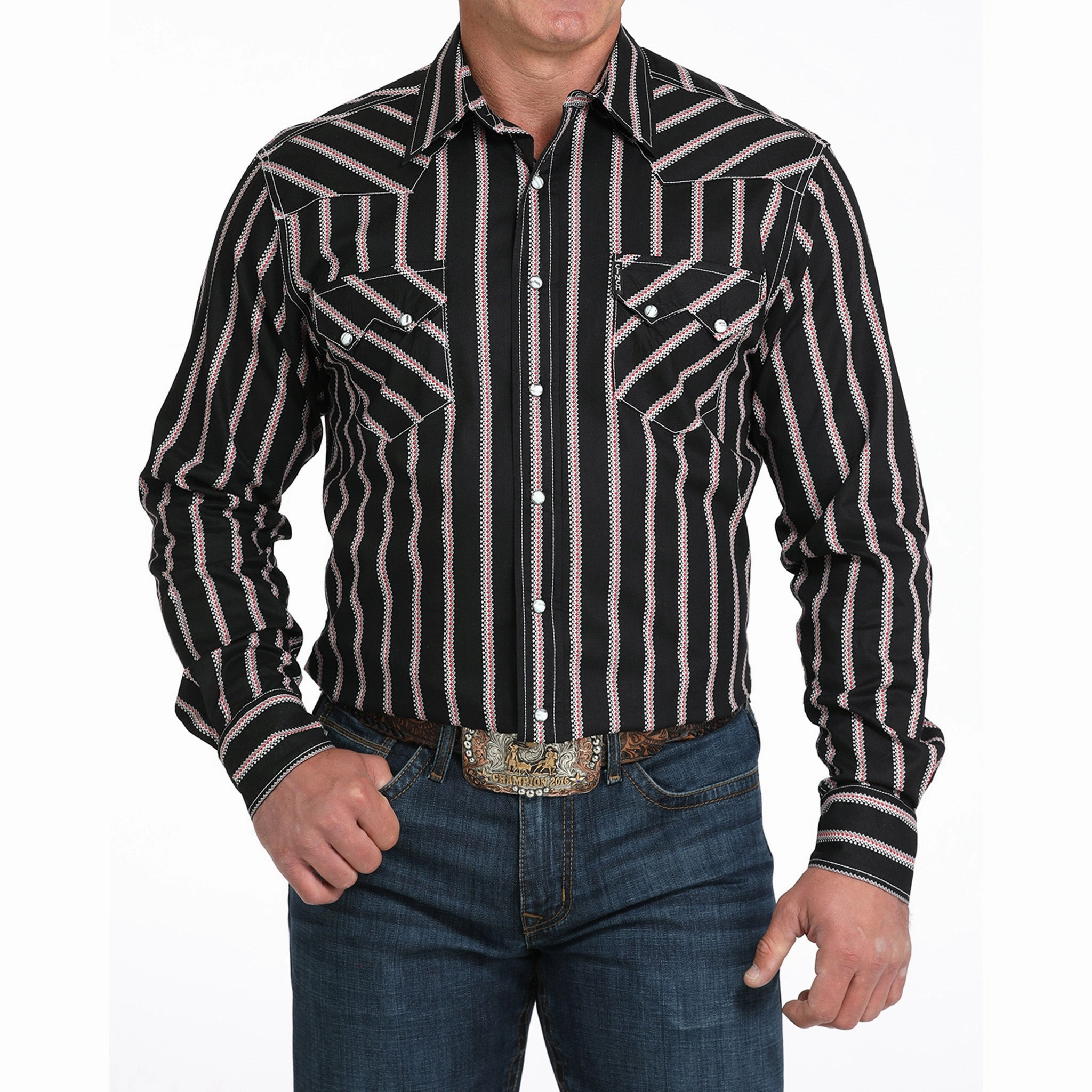 Cinch Black/Red/White Geometric Striped Long Sleeve Shirt Spring Collection
