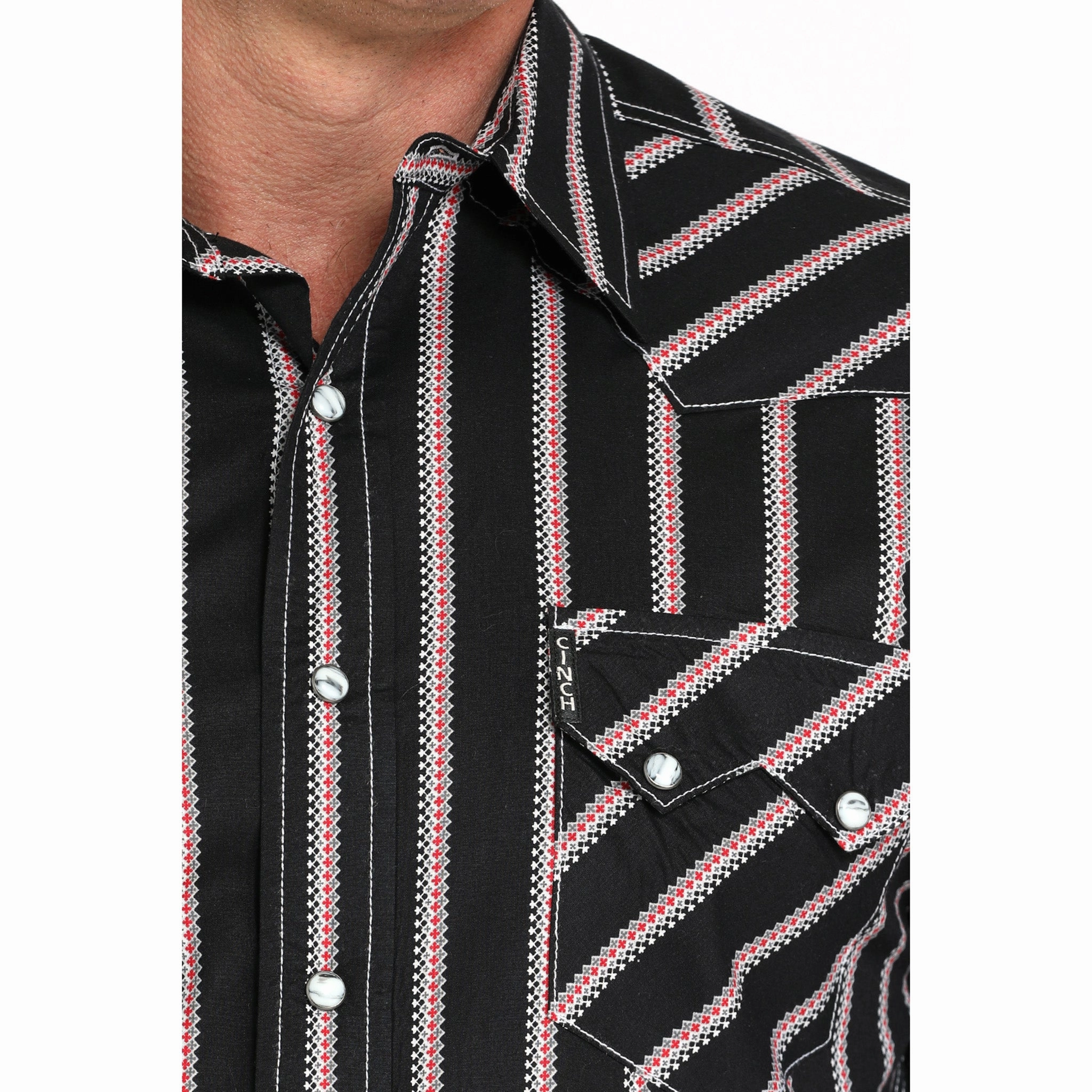 Trendy designs Checkered Style Cinch Black/Red/White Geometric Striped Long Sleeve Shirt